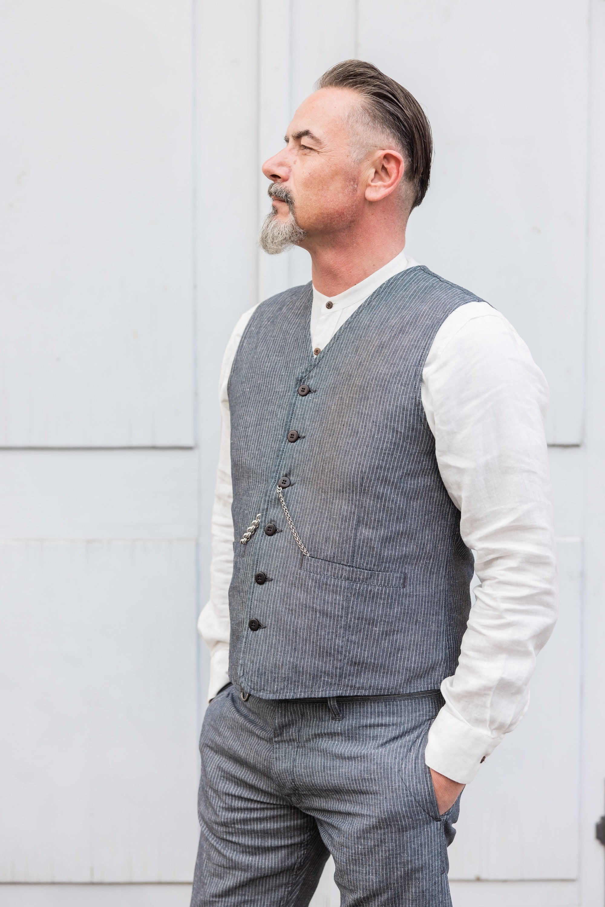 1905 Hauler Vest Grey Striped Linen